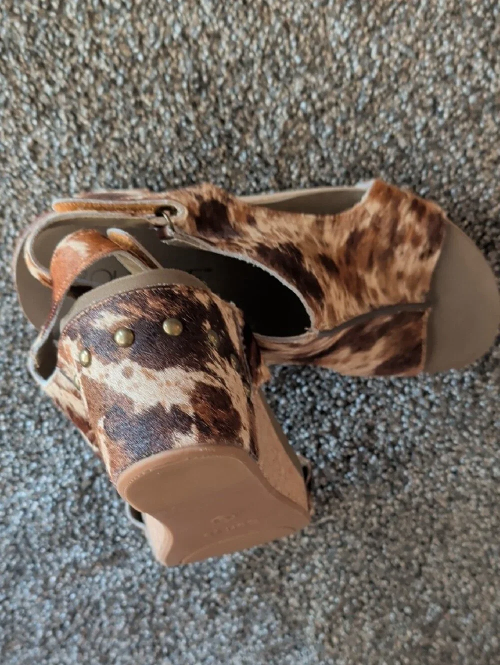 Boutique Brown Farm Cow Print Wedge Sandals with Slingback